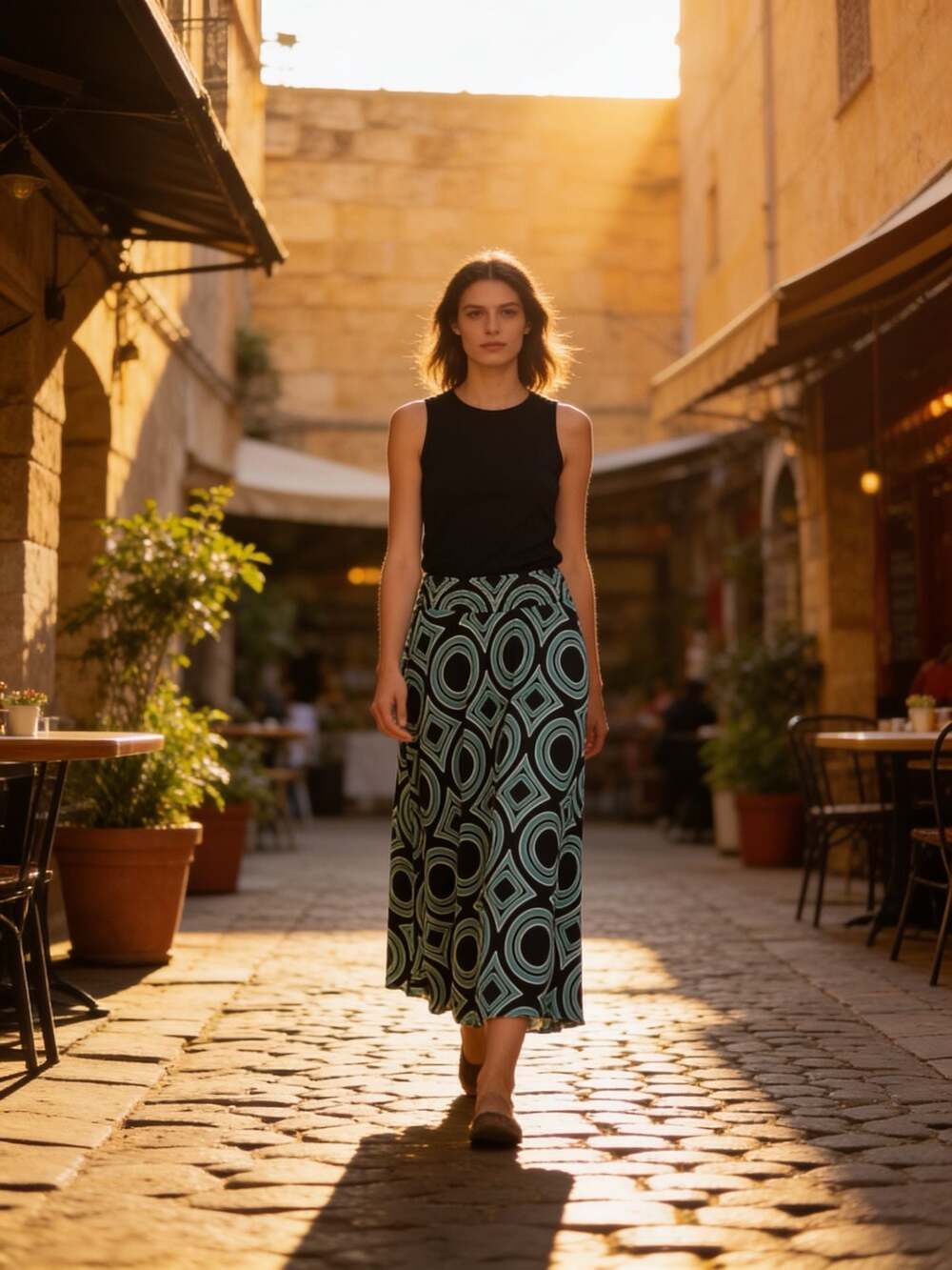 Ave Cesar Midi Skirt with Abstract Geometric Circle and Diamond Pattern